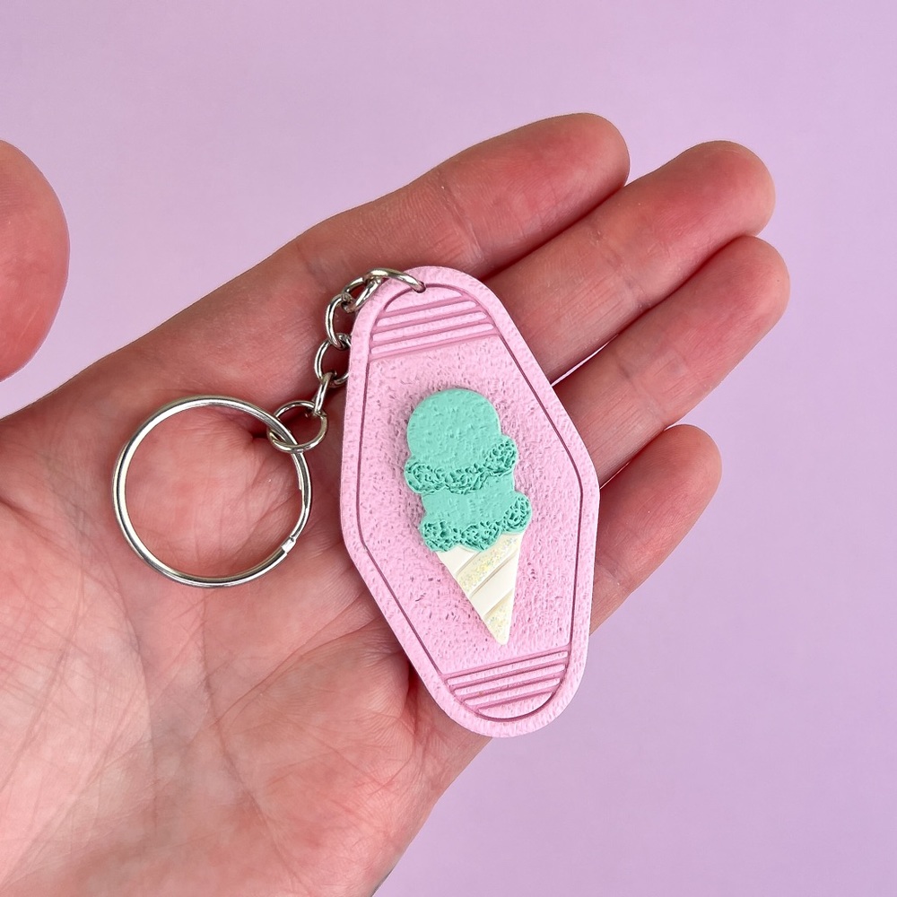 Ice Cream Cone Handmade Polymer Clay Pink Hotel Style Key Chain